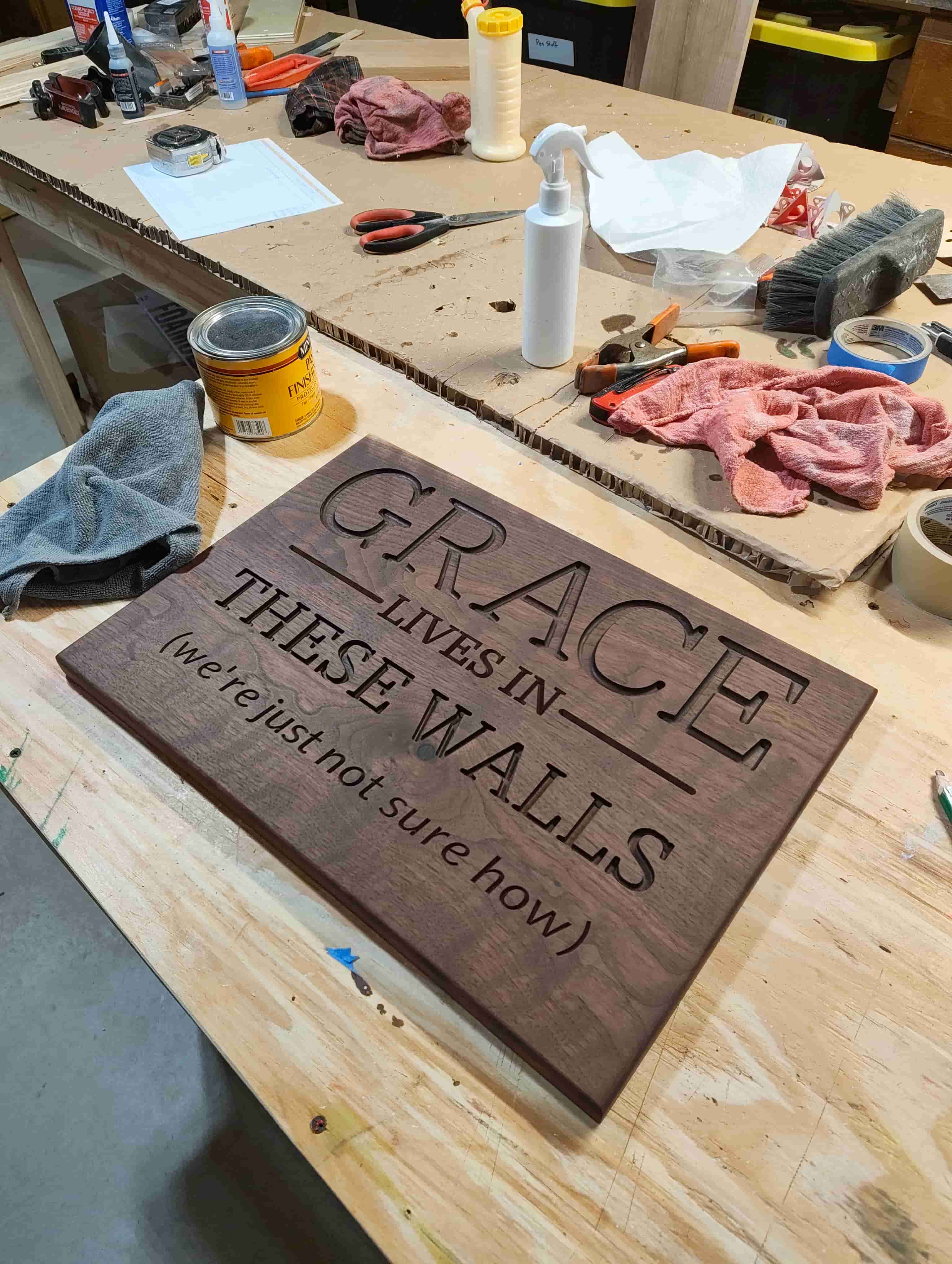 Grace carved sign in process